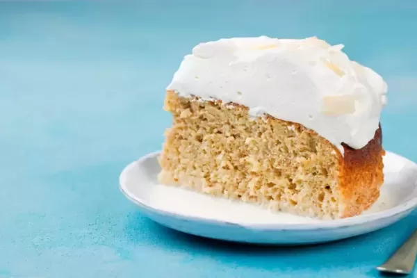 Three milk cake, tres leches cake with coconut. Traditional dessert of Latin America Copy space